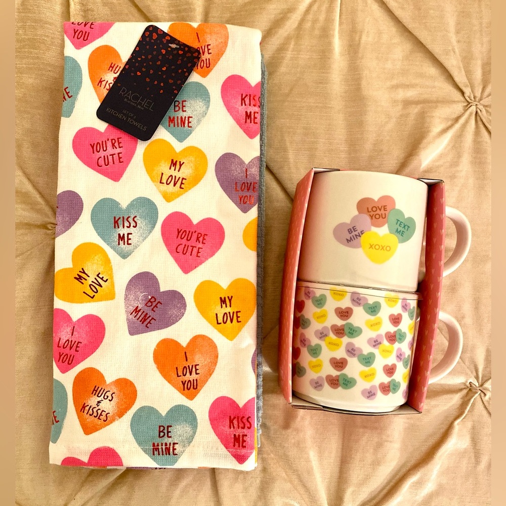 Candy Hearts Valentine’s Day Kitchen Towels With Mug Set
